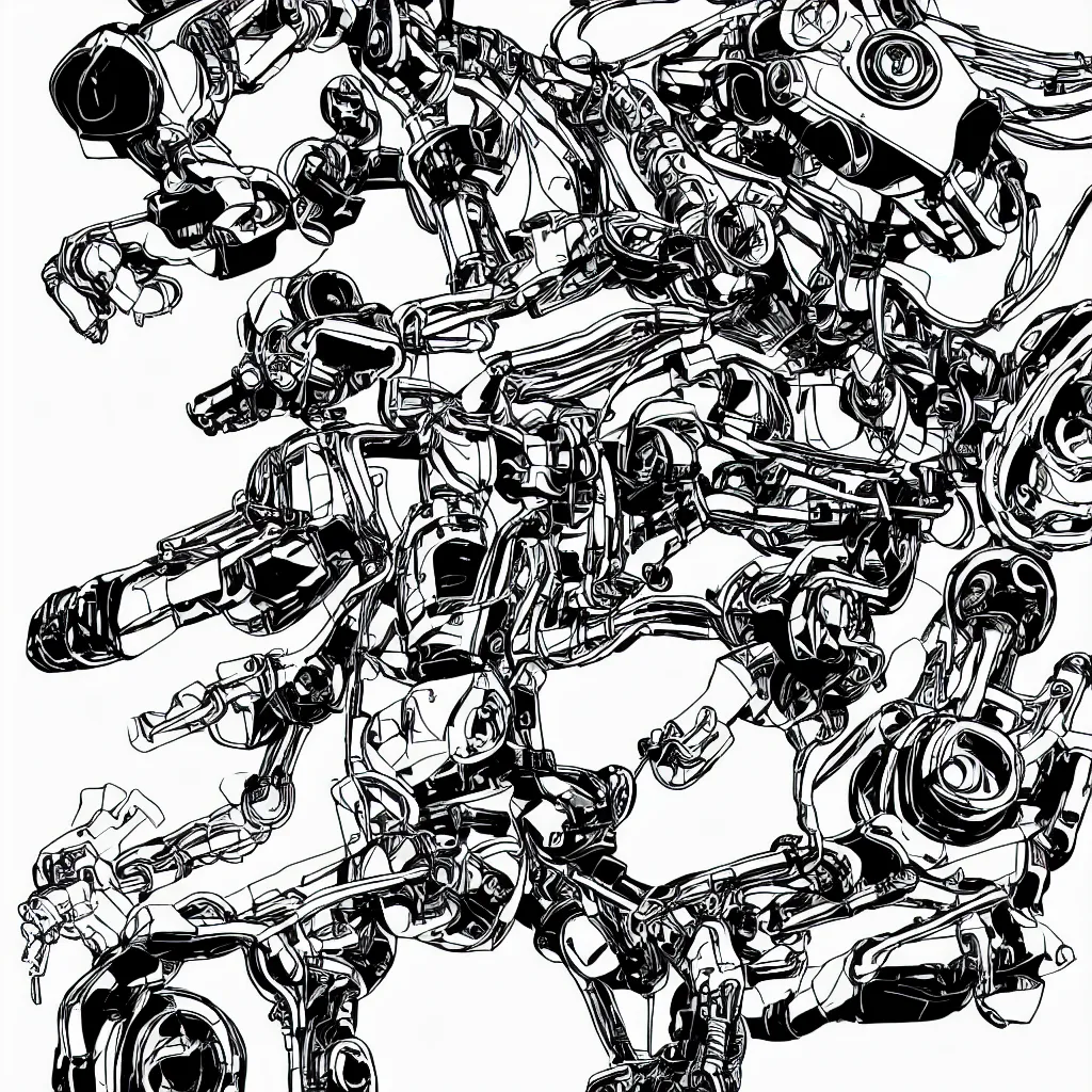 Image similar to a hard surface ultradetailed mechanical robot in middle of nature black and white comic book style