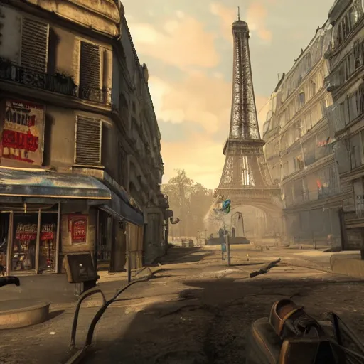 Image similar to promotional screenshot of fallout videogame set in paris