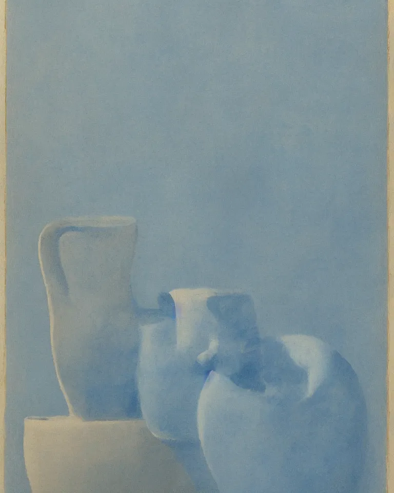 Prompt: achingly beautiful print of solitary painted ancient greek pottery on baby blue background by rene magritte, monet, and turner.