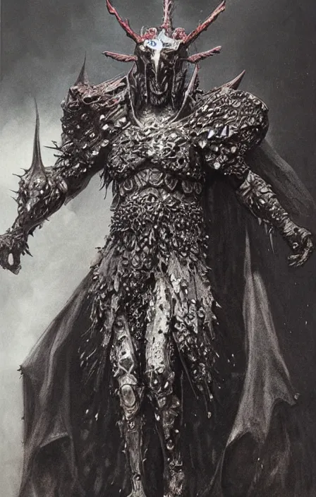 Image similar to hades in hellish ornamented armor, wearing hellish spiky war helm, beksinski, hercules concept art, weta workshop concept art