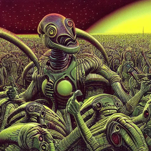 Prompt: a hyperrealistic painting of an alien invasion, by chris cunningham and richard corben, highly detailed, vivid color,