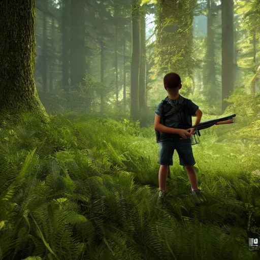 Image similar to in a background green forest, in foreground boy with shotgun, 8 k, ultra detailed, ultra realistic, unreal engine 5