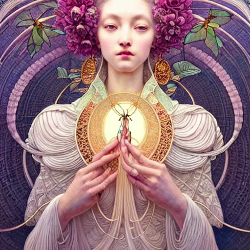 Image similar to a beautiful empress, intricate, elegant, hyper detailed, finely detailed beautiful angelic symmetry face delicate, smooth, sharp focus, award - winning, masterpiece, in bloom greenhouse, shining light came in through the window, style of tom bagshaw, cedric peyravernay, peter mohrbacher, louis comfort tiffany, victo ngai, 4 k hd illustrative wallpaper