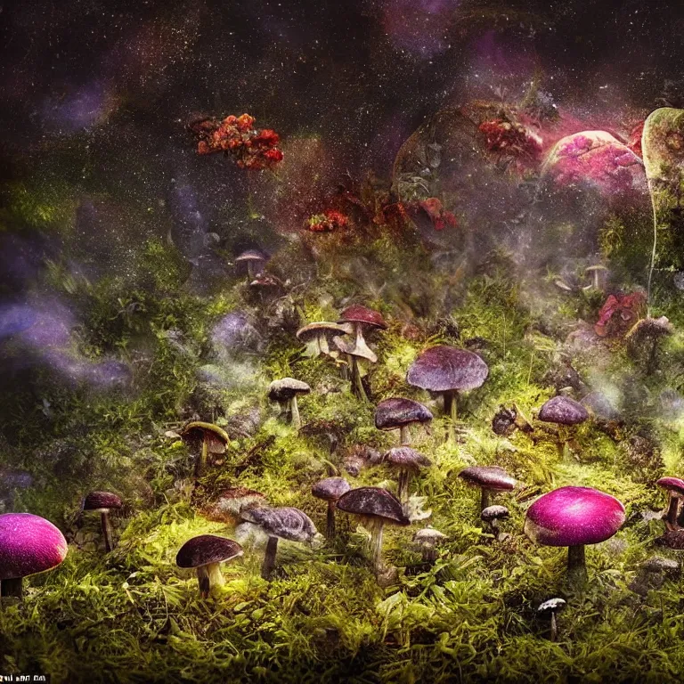 Image similar to a planet of various fungus, mushrooms, flowers and plants, inside the picture is infinity, Atmospheric, artistic photography, conceptual, long exposure outside the city, volumetric light