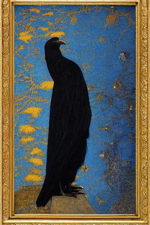 Prompt: portrait in profile of an anthropomorphic black crow wearing a blue velvet waistcoat, by Donato Giancola and John Bauer and Vermeer, gold embroidery, iridescent beetles, rich color, featured on Artstation, cgisociety, unreal engine, extremely detailed