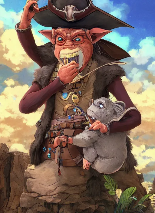 Prompt: studio ghibli pathfinder 2 e illustration of a goblin mixed with a monkey smoking a cigar, pirate themed, character portrait, unreal engine, hyper realism, realistic shading, cinematic composition, realistic render, octane render, detailed textures, photorealistic, wide shot