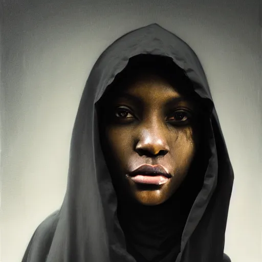 Image similar to a portrait of a young black woman wearing a long dark cloak, hood and shadows covering face, anatomically correct, beautiful perfect face, enigmatic, oil painting, matte painting, black background, Volumetric dynamic lighting, Highly Detailed, Cinematic Lighting, Unreal Engine, 8k, HD, by Beksinski