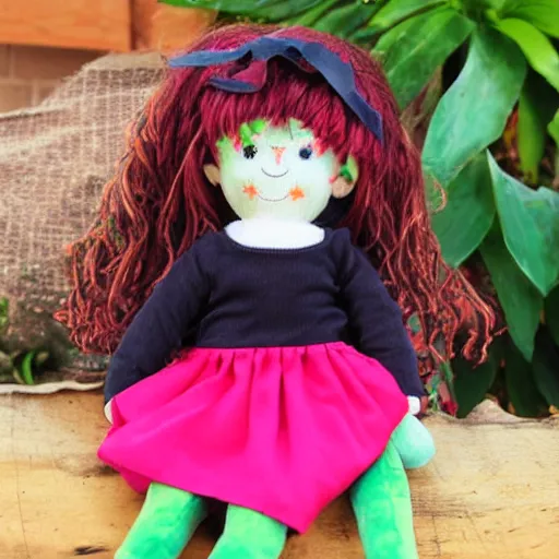 Image similar to a cute plush doll of a girl with green fire hair