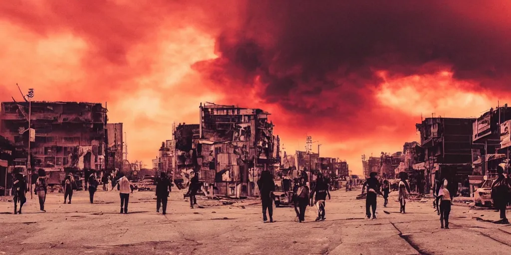 Prompt: post apocalyptic city with burning red sky with people on the streets