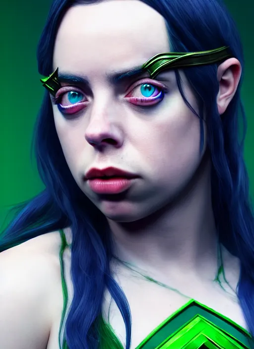 Image similar to Billie Eilish as Female Loki, very detailed, digital art, trending on artstation, smooth render, 8k octane render, digital illustration