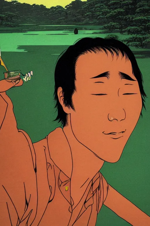 Prompt: a closeup portrait of a young japanese man taking mind altering drugs, a blotter paper of lsd acid and dreaming psychedelic hallucinations in the vast green landscapes of the amazon jungle, by kawase hasui, moebius, edward hopper, colorful flat surreal design, hd, 8 k, artstation