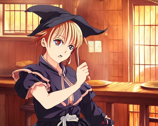 Prompt: key anime visual portrait of a young female witch in a tavern interior, dynamic pose, dynamic perspective, cinematic, dramatic lighting, muted colors, fine detail, textured