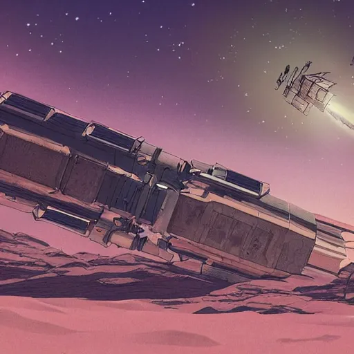 Prompt: huge crashed old space station wrekage on epic cinematic still photography of sun glowing on the dessert during sunset, silhouettes of people, comics style, peter chung, aeon flux