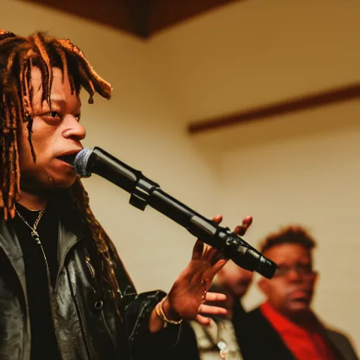 Image similar to cinematic still of Trippie Redd preaching at a Baptist Church in Rural Tennessee, close up, shallow depth of field, cinematic