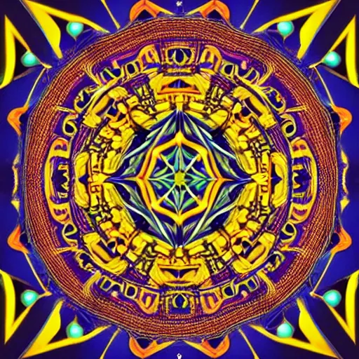 Prompt: A detailed mandala with symmetrical patterns, creating a hypnotic effect, digital painting, pixiv, concept art, 3d, by Simon Cowell, Ricardo Ow and Tom Cross