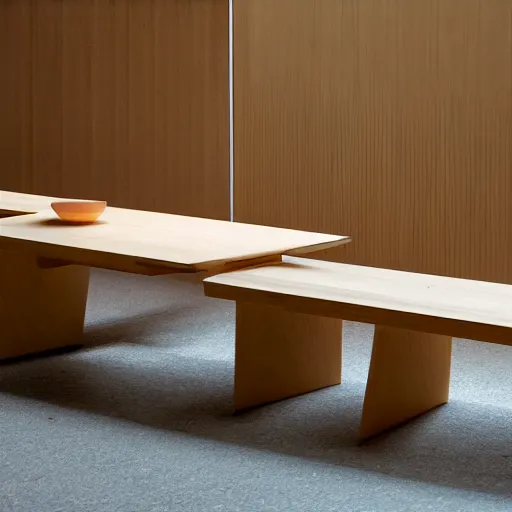 Prompt: wooden furniture designed by tadao ando for the tea drinking ceremony