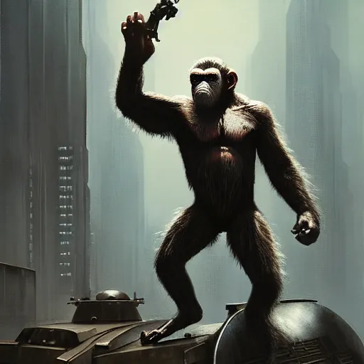 Image similar to a biomechanically altered ape from planet of the apes, with one eye, sitting on top of a tank, villain character art, scars, by chris leib and greg rutkowski and android jones in a dark fantasy cyberpunk style, oil on canvas, volumetric lighting, 8k, hd.