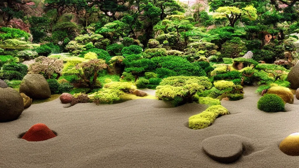 Image similar to zen garden, panaorama, fantasy