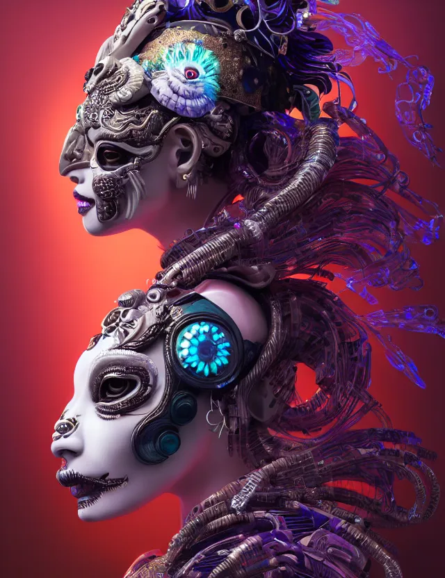 Image similar to 3 d goddess close - up profile portrait cyberpunk with ram skull. beautiful intricately detailed japanese crow kitsune mask and clasical japanese kimono. betta fish, jellyfish phoenix, bio luminescent, plasma, ice, water, wind, creature, artwork by tooth wu and wlop and beeple and greg rutkowski