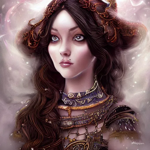 Image similar to A beautiful detailed portrait of a young beautiful female fantasy sorceress with fair skin and long dark brown hair dressed in ornate magical clothing by Kirbi Fagan, trending on artstation