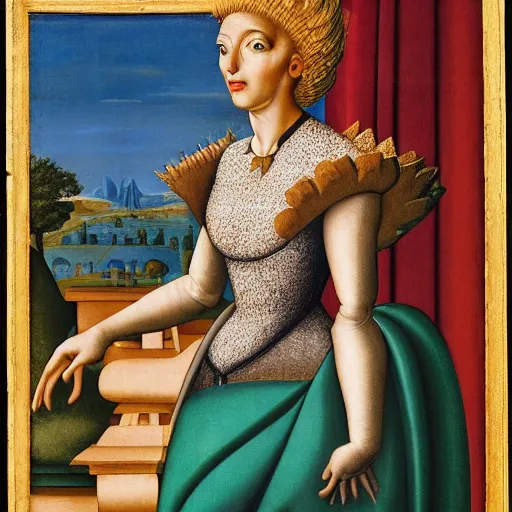 Image similar to portrait of an anthropomorphic stegosaurus, dressed as an italian princess, sandro bottecelli, 1 5 0 0