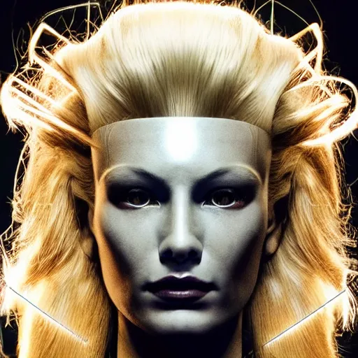 Image similar to full body of a very pretty blond borg queen on a borg ship, cybernetic implants, perfect face, symmetrical face, moody lighting, shallow depth of field,