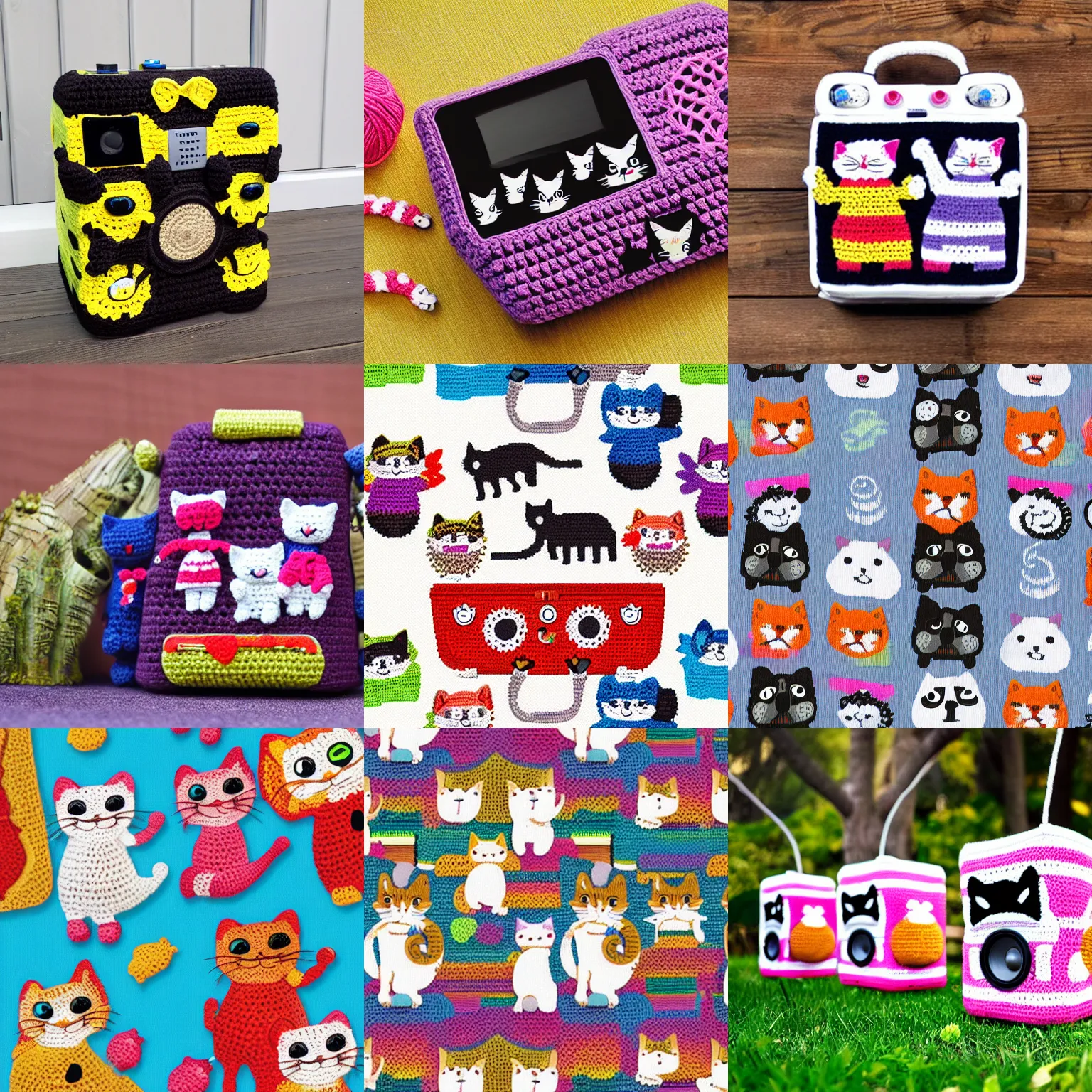 Prompt: Product image of a crochet boombox with cats dancing. High resolution