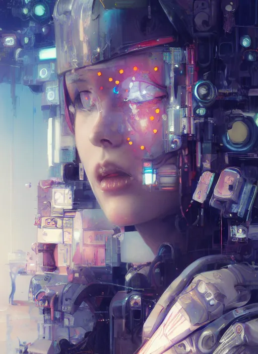 Image similar to surreal painting, by yoshitaka amano, by ruan jia, by conrad roset, by good smile company, by Kilian Eng, detailed anime 3d render of a female mechanical android, portrait, cgsociety, artstation, modular patterned mechanical costume and headpiece, cyberpunk atmosphere