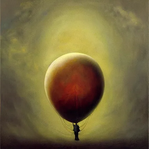 Prompt: an oil painting of a black balloon by esao andrews. circa survive album cover art. dark. muted colors. gothic. oil painting with brush strokes. creepy.