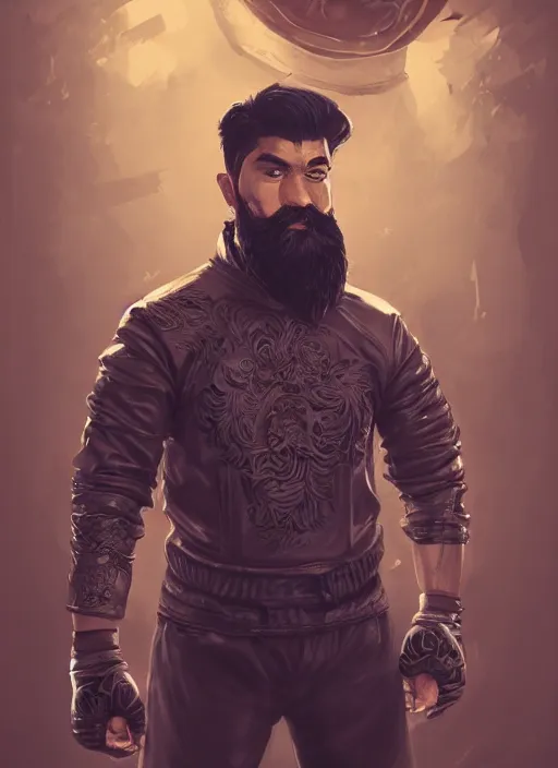 Image similar to a highly detailed illustration of bearded asian man wearing leather jacket with bandaged right hand, focused boxing philly shell stance pose, hands shielding face, intricate, elegant, highly detailed, centered, digital painting, artstation, concept art, smooth, sharp focus, league of legends concept art, WLOP