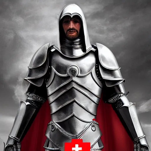 Image similar to man in crusader armor and white cape with big red cross on it digital art realistic high detail