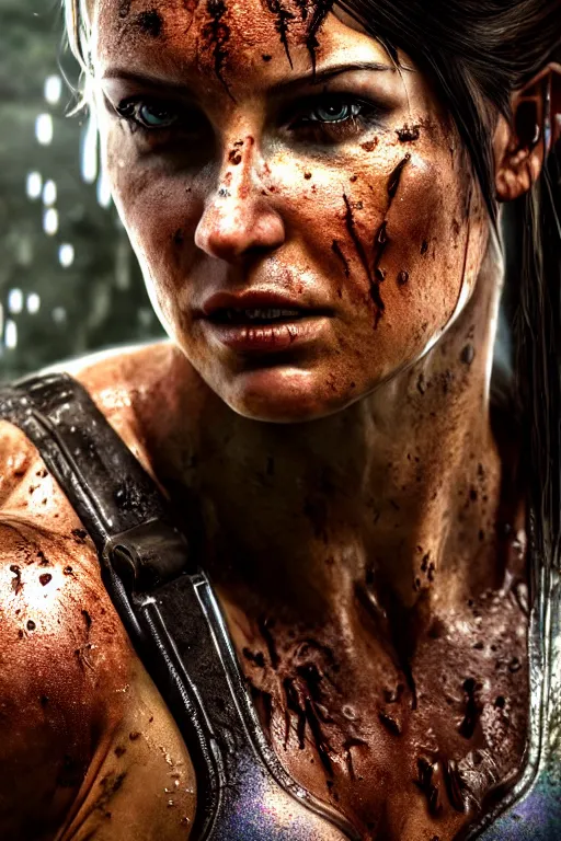 Image similar to candid action photographic portrait muscular sweat lara croft, covers with mud exhausted face close up, highly detailed, moody emotional cinematic, pouring iridescent rain, 8 k, hd, high resolution, ultra realistic faces 8 k