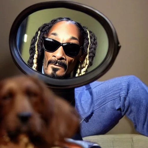 Image similar to snoop dogg looking at his reflection in the mirror but he sees a dog looking back