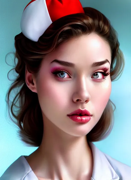 Prompt: glamorous and shy nurse in chemisier, beautiful, pearlescent skin, natural beauty, seductive eyes and face, elegant girl, lacivious pose, natural beauty, very detailed face, seductive lady, full body portrait, natural lights, photorealism, summer vibrancy, cinematic, a portrait by artgerm, rossdraws, Norman Rockwell, magali villeneuve, Gil Elvgren, Alberto Vargas, Earl Moran, Enoch Bolles