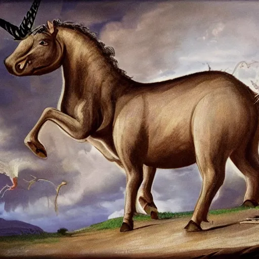 Image similar to painting of one of the worst fossil reconstructions in human history a really long unicorn horn realism painting