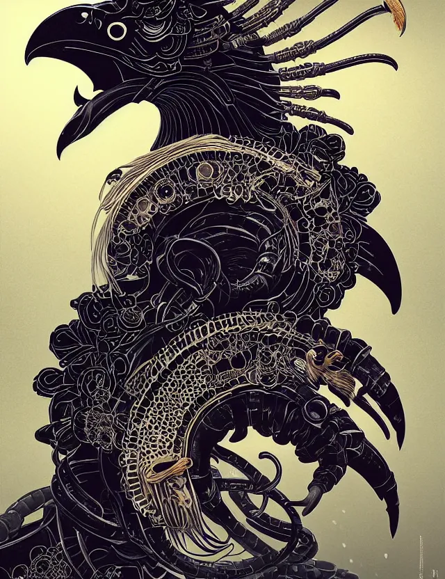 Prompt: prometheus engineer close - up profile portrait with ram skull. beautiful intricately detailed japanese crow kitsune mask and clasical japanese kimono. betta fish, jellyfish phoenix, bio luminescent, plasma, ice, water, wind, creature, artwork by tooth wu and wlop and beeple and greg rutkowski