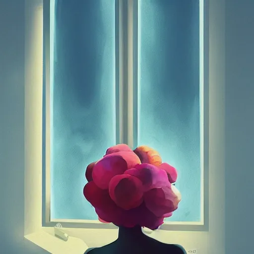 Image similar to giant flower as head, woman next to modern windows, luxury apartment, surreal photography, dramatic light, impressionist painting, digital painting, artstation, james gilleard