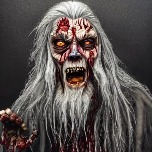 Image similar to zombie gandalf, gritty, veins, blood, bone, horror oil painting masterpiece, very detailed, intricate, trending on artstation