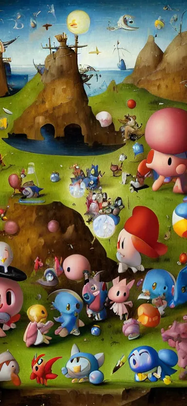 Prompt: detailed digital oil painting by hieronymus bosch of a scene from kirby star allies