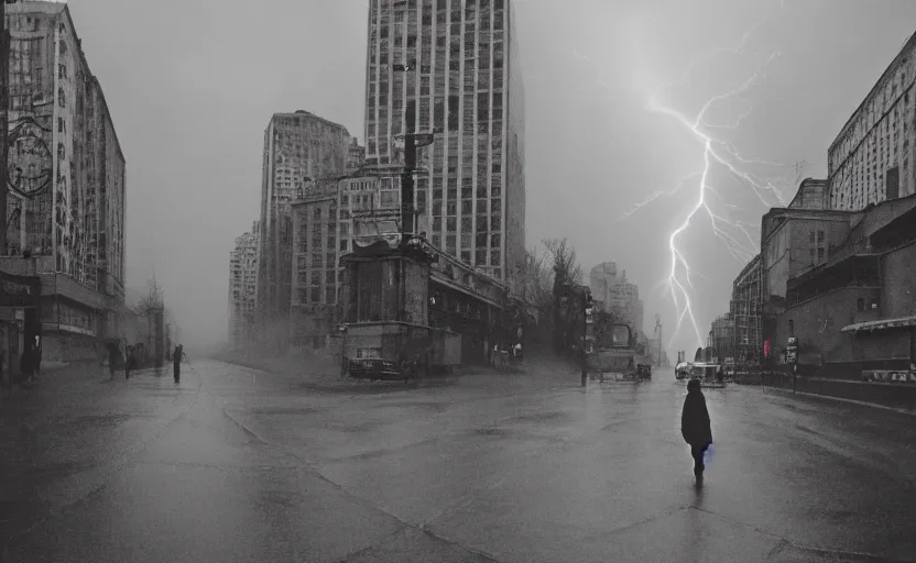 Image similar to 40s movie still of a sovietic street with a big statue of Lenine , Cinestill 800t 18mm, heavy grainy picture, very detailed, high quality, 4k panoramic, HD criterion, dramatic lightning, rain, mud, foggy