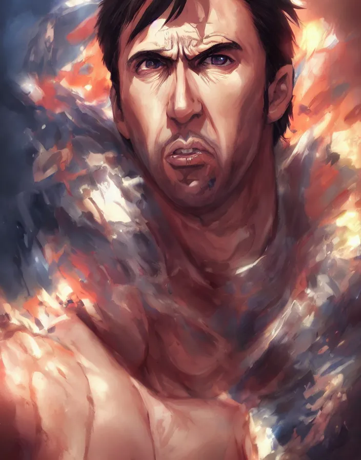 Image similar to anime portrait of nicolas cage as a muscular anime boy by Stanley Artgerm Lau, WLOP, Rossdraws, James Jean, Andrei Riabovitchev, Marc Simonetti, and Sakimichan, trending on artstation