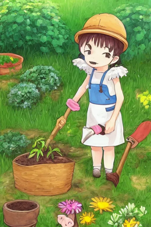 Image similar to cute little piggy with a gardening hat doing some gardening on a summer day, chibi, cute, adorable, studio ghibli trending on artstation, pixiv, Deviantart, HD, golden ratio, rule of thirds