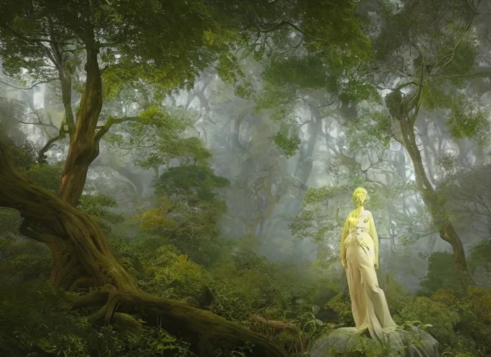 Prompt: an idealistic marble statue with fractal flowery hair, in a magical forest, painted by, mc escher, gordon onslow ford, georgia o'keeffe and ivan aivazovsky, cinematic light, god rays, colourful, unreal engine, zbrush central,