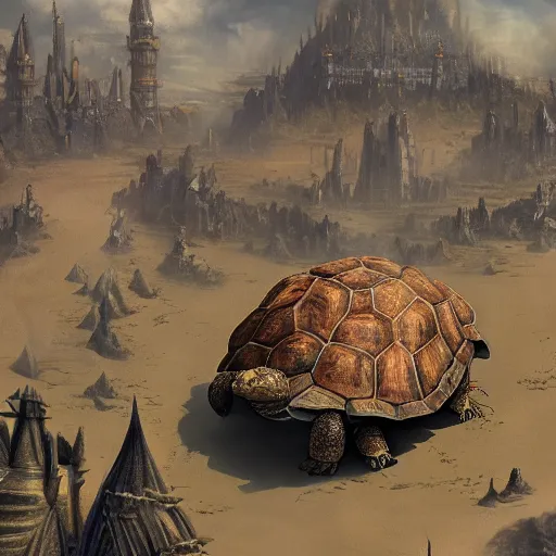 Image similar to gargantuan tortoise with a large fantasy castle armor walking through a sandy wasteland, inspired by howls moving castle and mortal engines, mid - distant shot centered birds eye view, fantasy, hyper detailed, 4 k