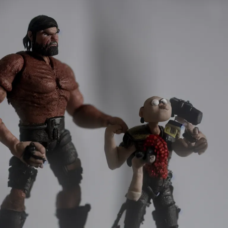 Prompt: a cinematic film still of a claymation stop motion film starring marcus fenix, shallow depth of field, 8 0 mm, f 1. 8