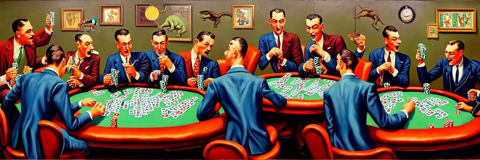 Prompt: dinosaurs wearing vintage suits, playing poker and drinking beer, 1 9 5 0's, oil painting, hyperdetailed