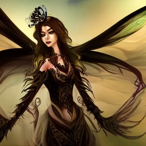 Prompt: a banshee dressed in gorgeous costumes with butterfly wings and features, character design, detailed rendering, realistic smooth detailed art