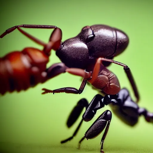 Prompt: ultra detailed photo, close up of tiny cowboy riding an ant