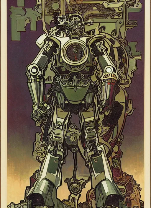 Image similar to mecha robot warrior by Alphonse Mucha