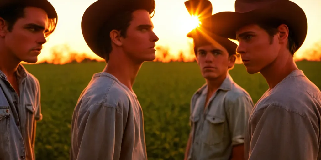 Prompt: the sunset's two brothers, outside in a farm, medium close up shot, depth of field, sharp focus, waist up, movie scene, anamorphic, hyper realistic, handsome, cinematic lighting, two people, costume art direction style from the movie the outsiders